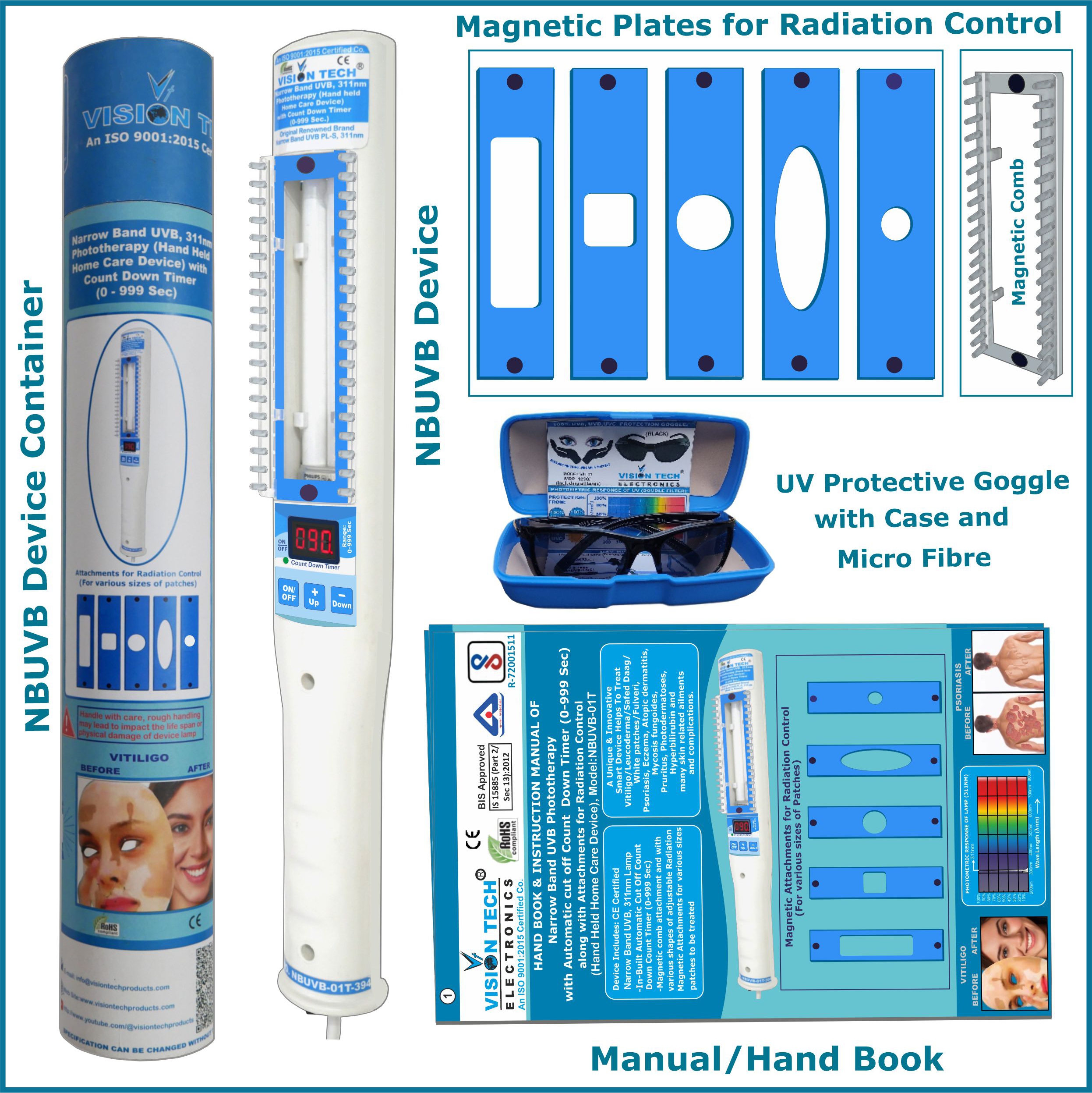 NBUVB, 311nm,Targeted / Spot Phototherapy with Timer Device 311nm, Auto Cut off Count Down Timer (0-999Sec) with Magnetic Comb and Aperture Plates