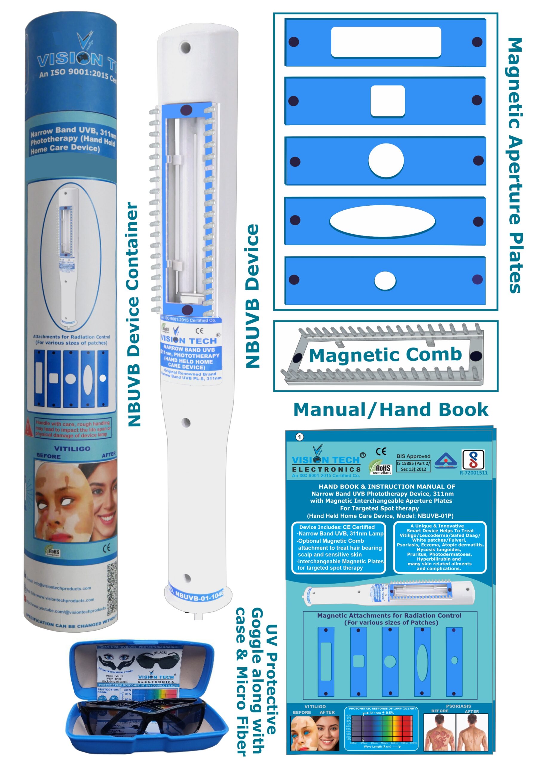 NBUVB Phototherapy Device 311nm, Targeted/Spot Therapy along with Magnetic Comb and Aperture Plates