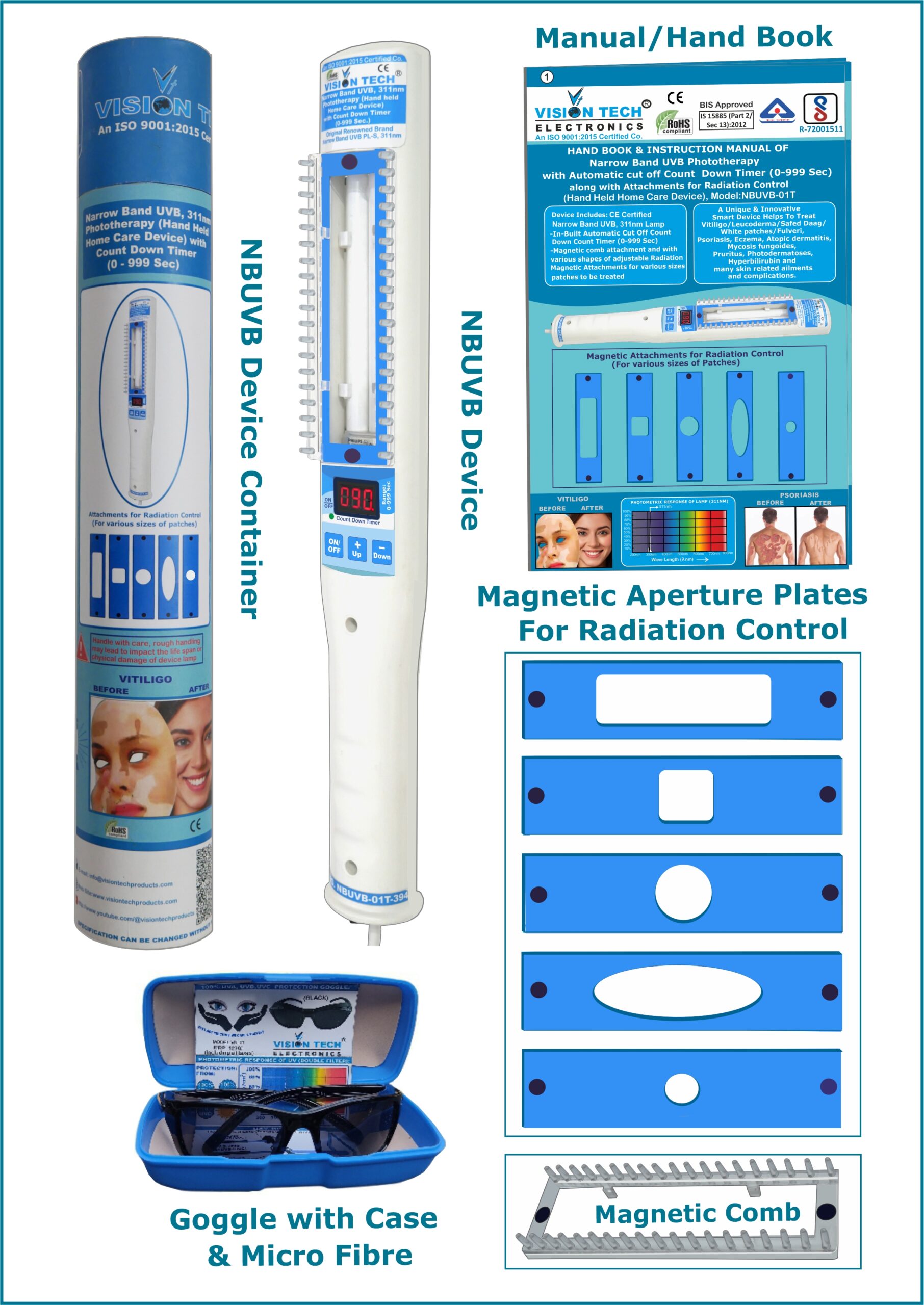 NBUVB, 311nm,Targeted / Spot Phototherapy with Timer Device 311nm, Auto Cut off Count Down Timer (0-999Sec) with Magnetic Comb and Aperture Plates