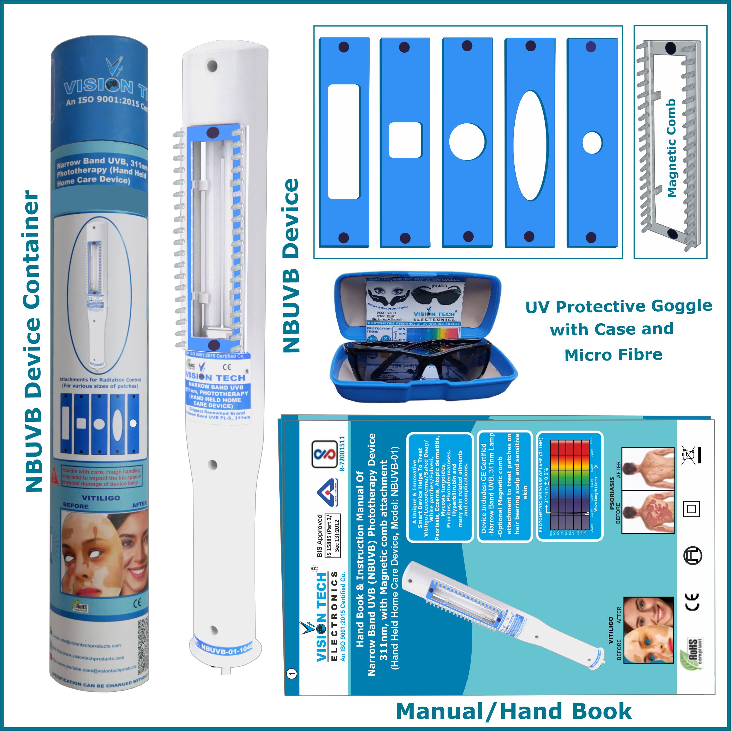 NBUVB Phototherapy Device 311nm, Targeted/Spot Therapy along with Magnetic Comb and Aperture Plates
